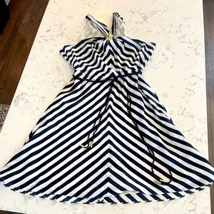 Ann Klein nautical stripe dress, halter, A line, gold lion broach, size 14